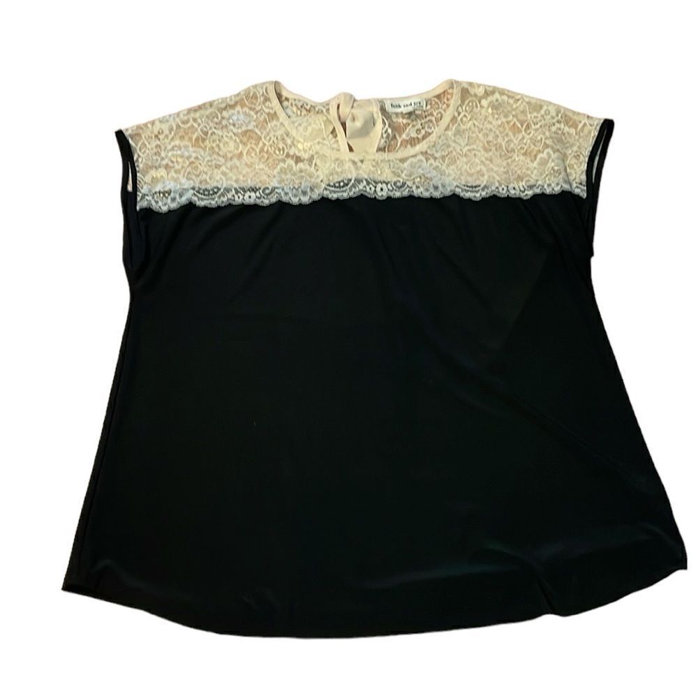 Faith and Joy Dressy Lace and silky top, black, ivory, back neck bow, Large